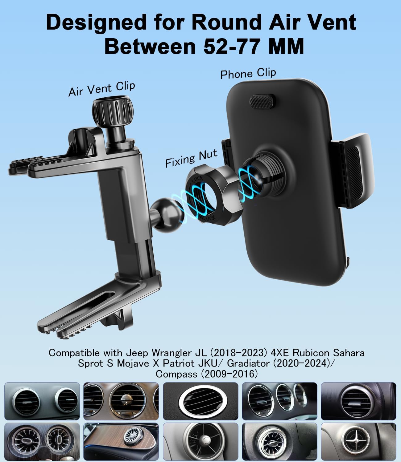 b0f2hp13km 5 Round Vent Car Phone Holder for Jeep Wrangler JL(2018-2025) Gradiator (2020-2024) Compass (2009-2016) [Thick Case Friend